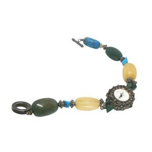 Vintage Geneva Quartz Watch Bracelet With Mixed Gemstone Beads & Ornate Metalwor